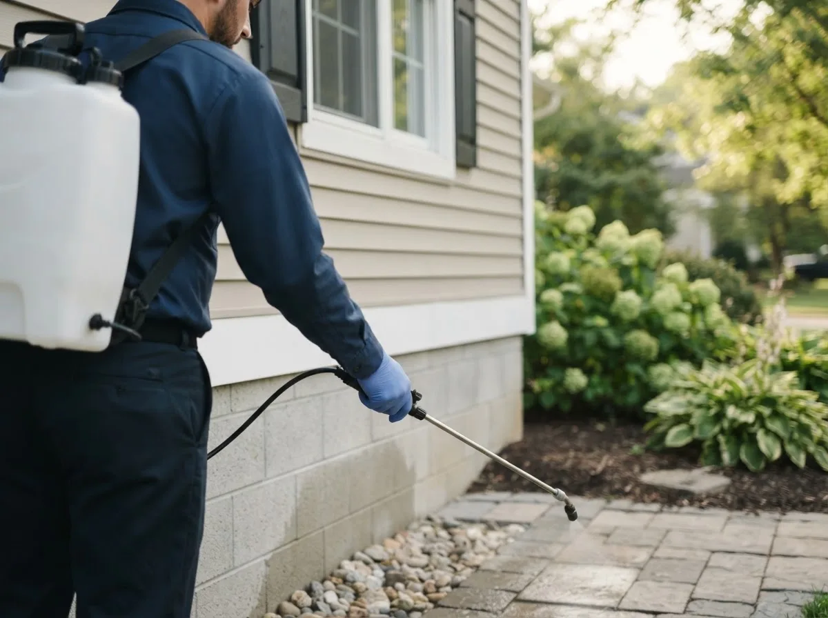 Pest control technician inspecting a home in Como, NC